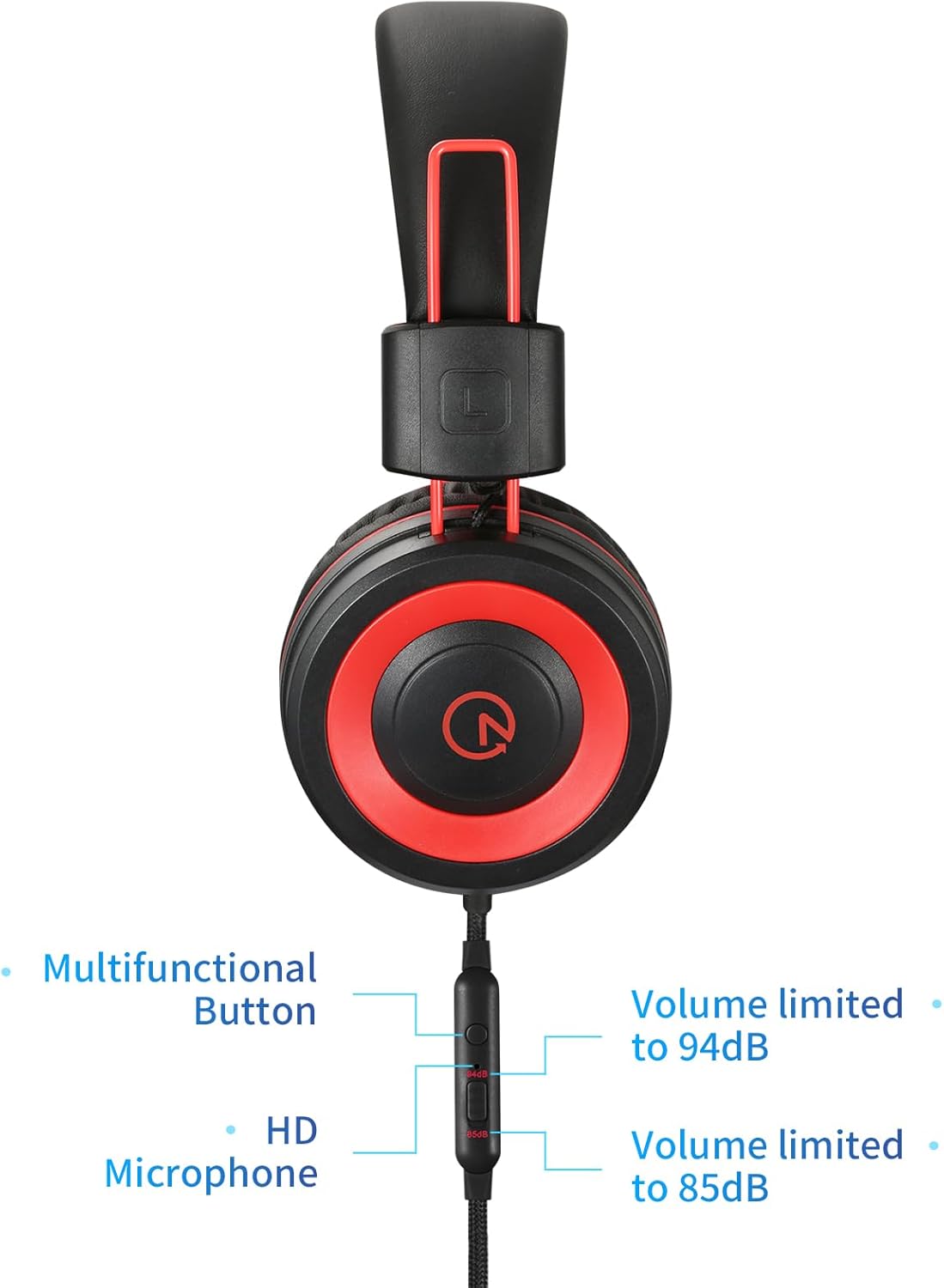 noot products Kids Headphones with Microphone K12 Stereo 5ft Long Cord with 85dB/94dB Volume Limit Wired On-Ear Headset for iPad/Amazon Kindle,Fire/Toddler/Boys/Girls/School (Red Black)